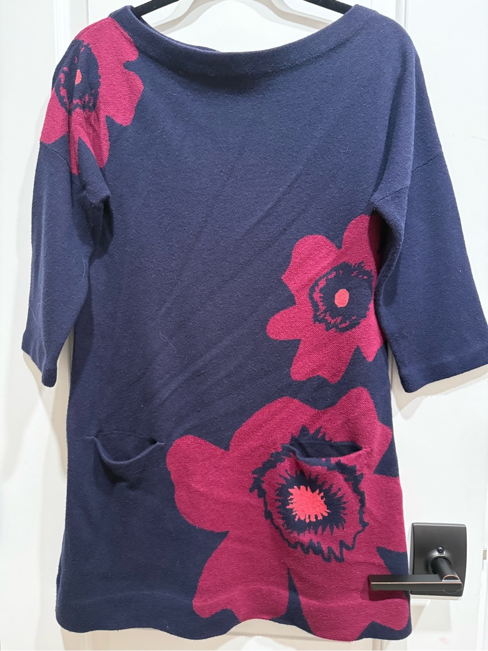 Women’s Navy Blue Knit Top with Pink Floral Pattern. With pockets 😊